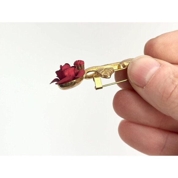 Blooming Red Rosebud Vintage Floral Costume Jewelry Brooch | Lapel Pin - Picture 6 of 10